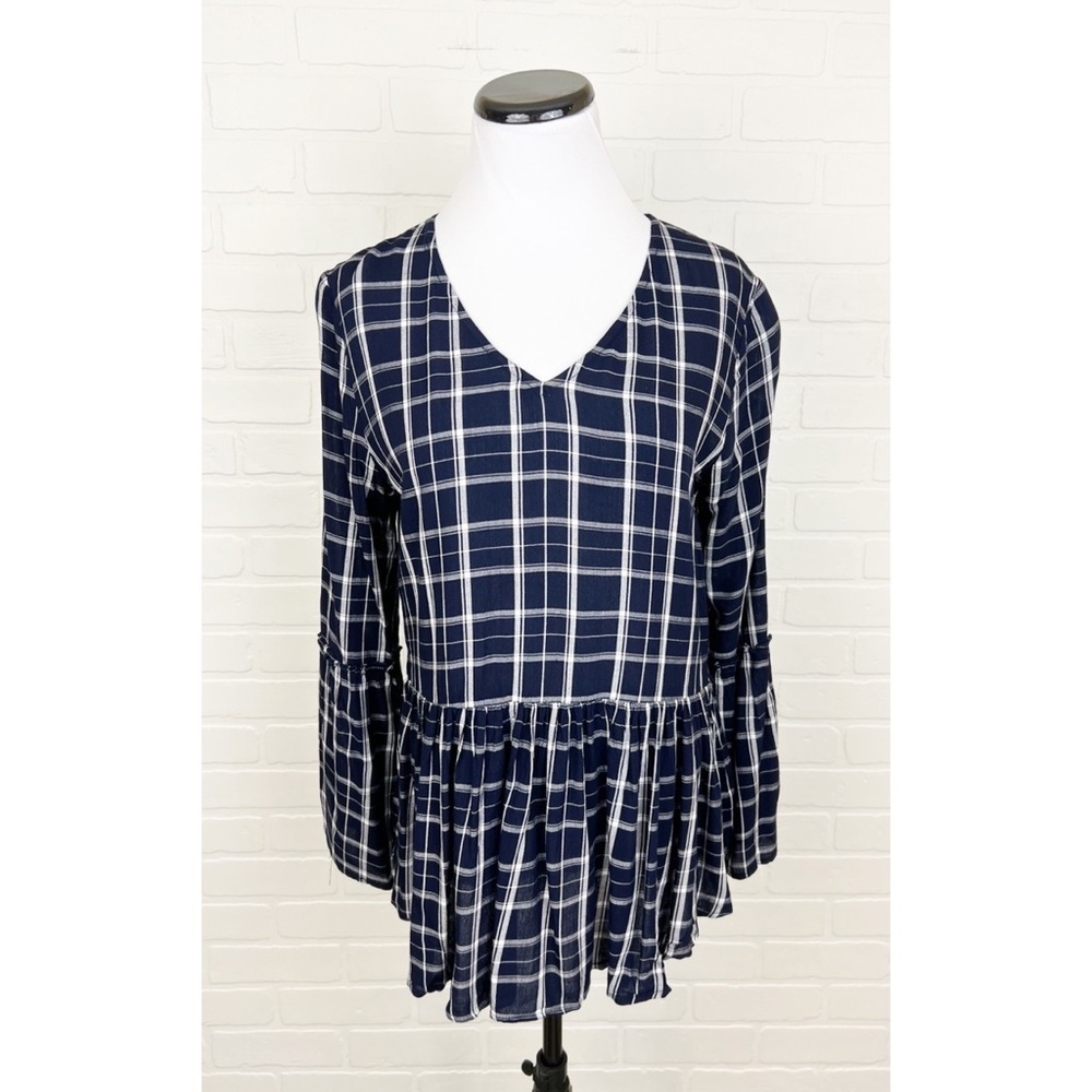 Maurices Plaid Long Bell Sleeve V-Neck Peplum Blouse Top Navy White Size Medium
